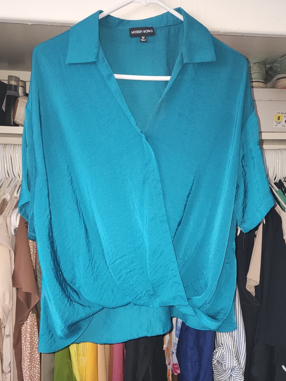 Modern Works Teal Draped Wrap Blouse - Women's Top
